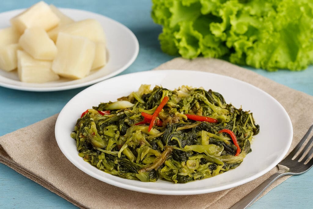 sauteed papaya flowers tumis bunga pepaya served with boiled cassava