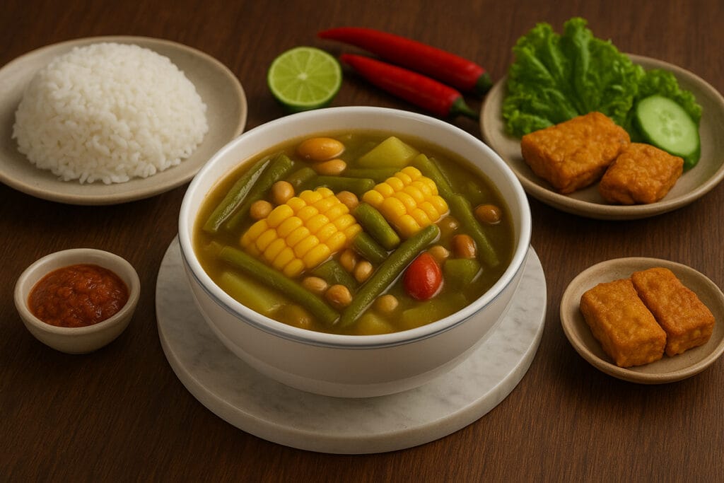 sayur asem sambal terasi and fried tempeh