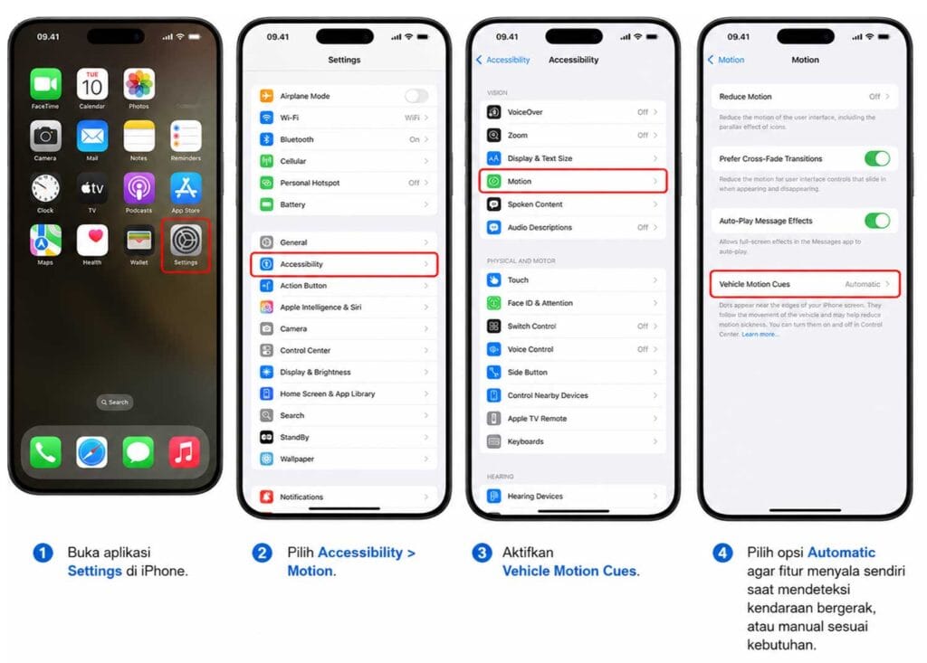 fitur iPhone untuk orang tua salah satunya adalah vehicle motion cues untuk mengurangi efek mabuk darat ketika bermain ponsel di kendaraan
