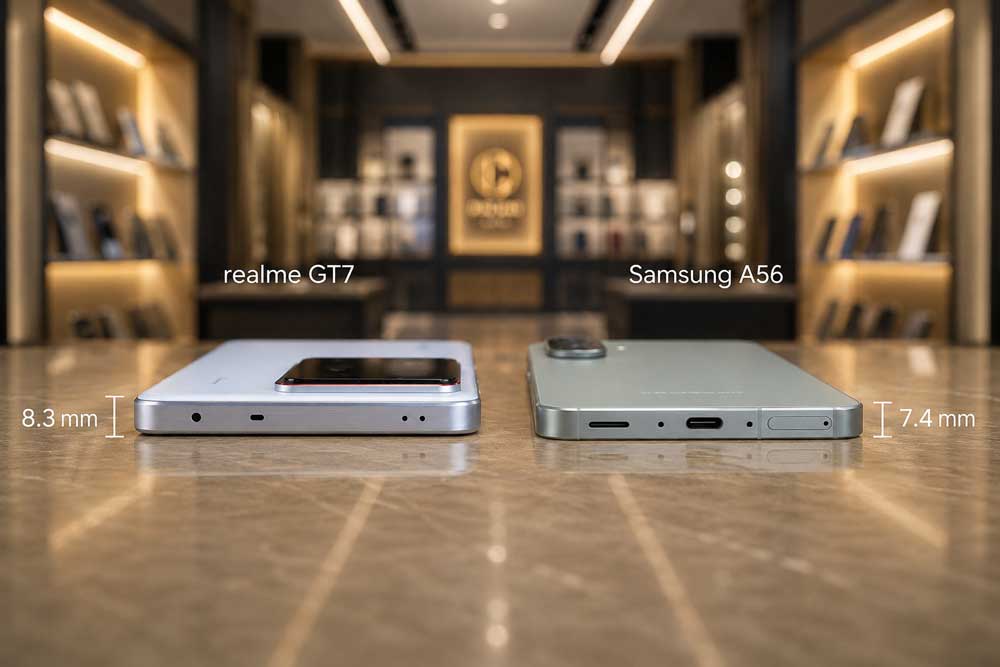 komparasi ketebalan body Realme GT 7 vs Samsung Galaxy A56