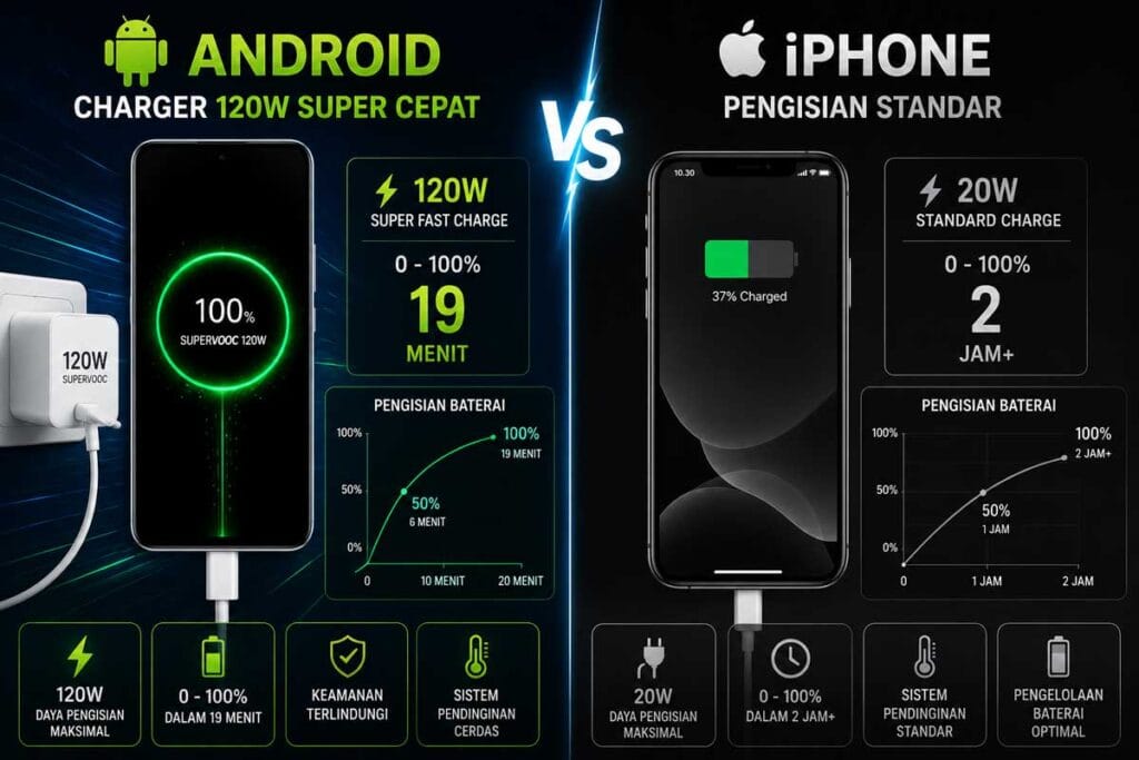 Keunggulan Android Dibanding iPhone salah satunya terletak pada kecepatan charging