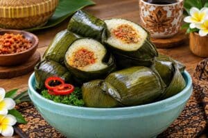 Freshly boiled Lontong Daging with savory beef filling