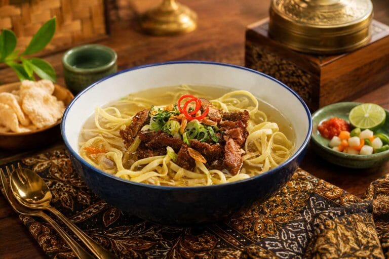 Bowl of authentic Mi Bebek duck noodle soup