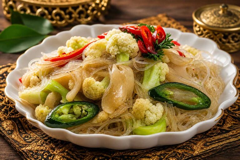 A bowl of authentic Indonesian Oseng-Oseng Kembang Kol dan Soun with oyster mushrooms