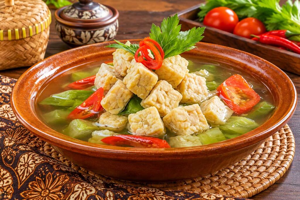 Bowl of clear tempeh soup with rice